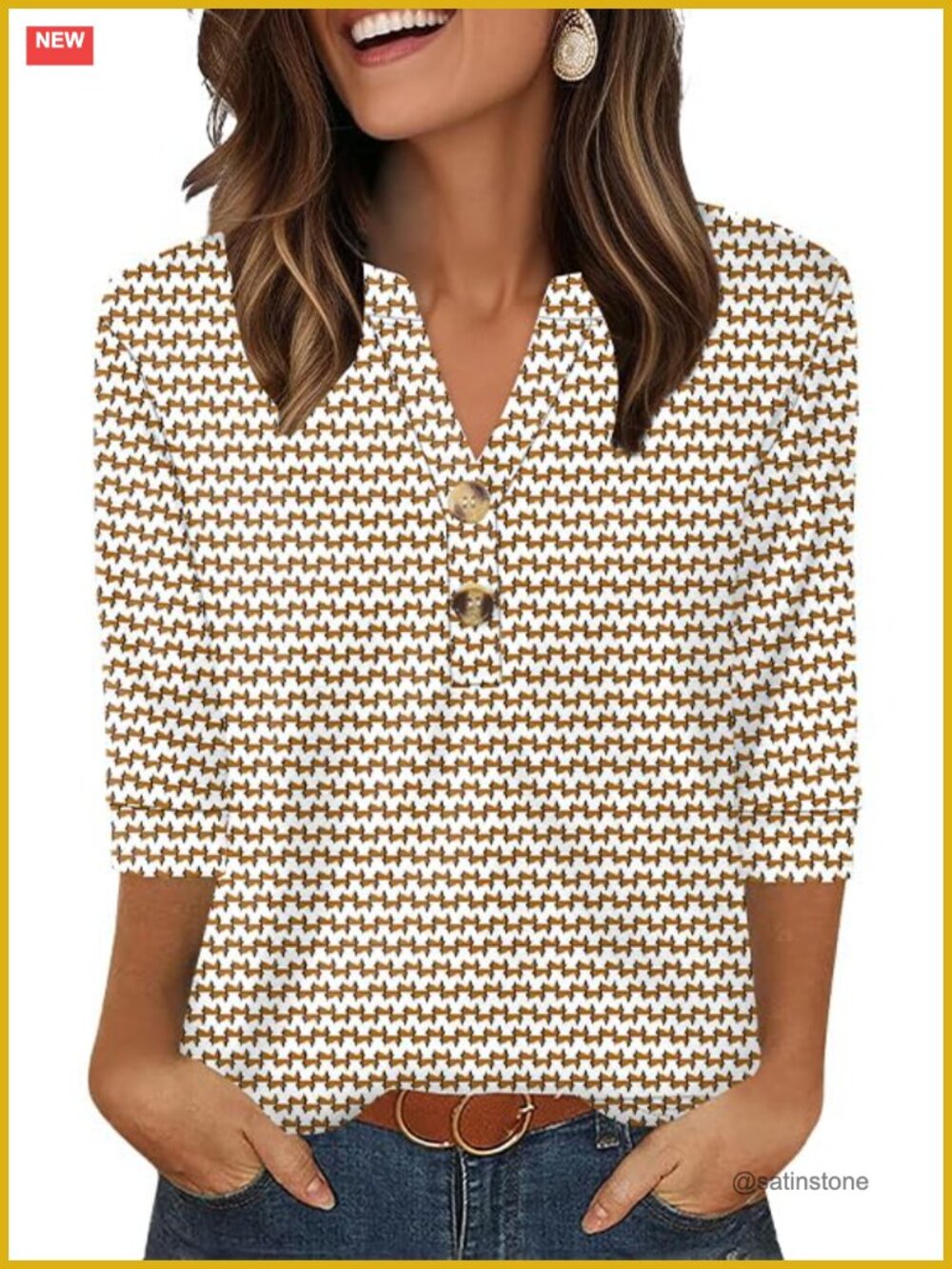 Women's 3/4 Sleeve Henley V-Neck Button Pullover Blouse